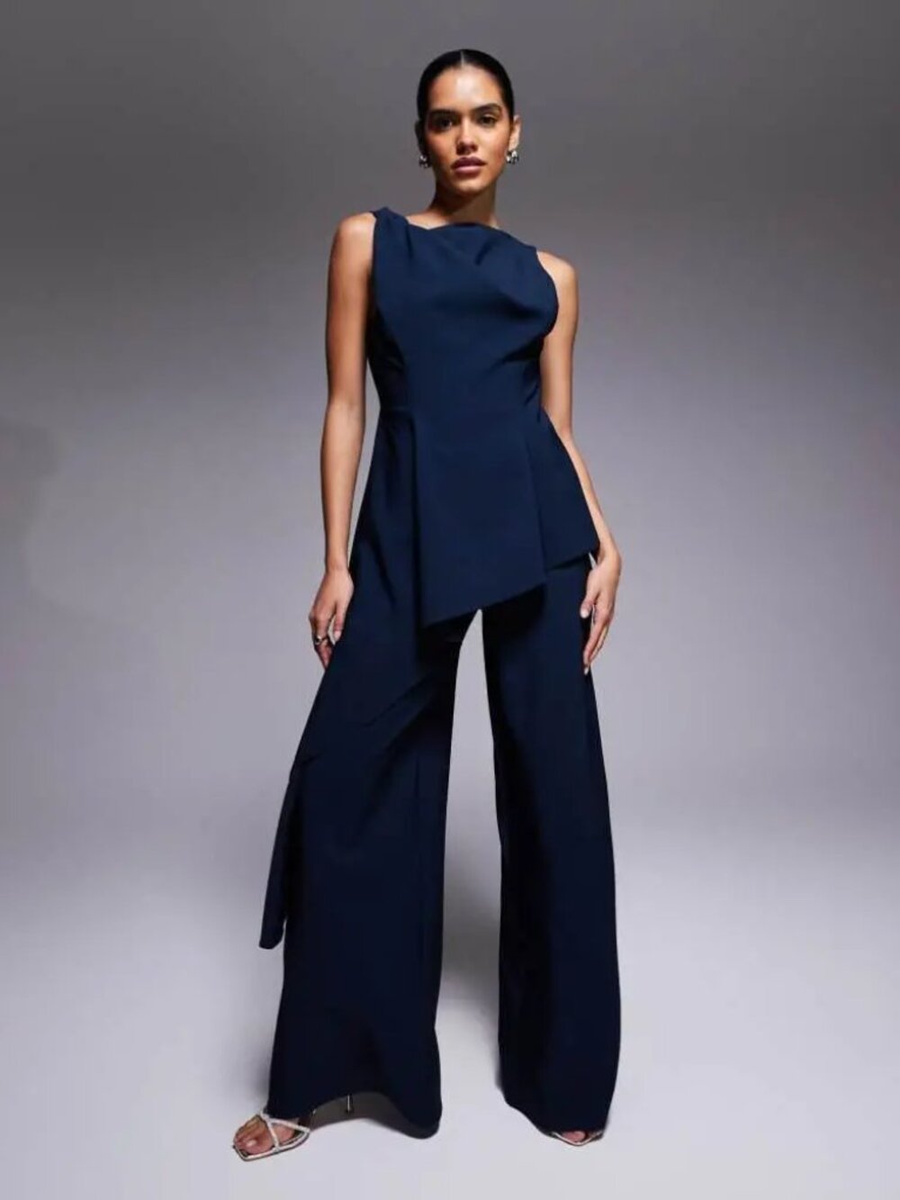 ASOS Design Asymmetrical Draped Jumpsuit in Navy - Size US 10
